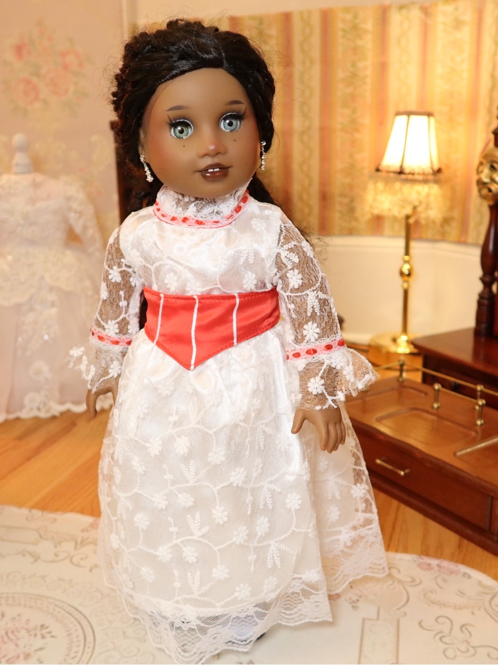 18 Inch American Girl Doll Marry Poppins White Lace Doll Dress with Coral Sash